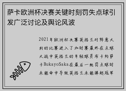 萨卡欧洲杯决赛关键时刻罚失点球引发广泛讨论及舆论风波