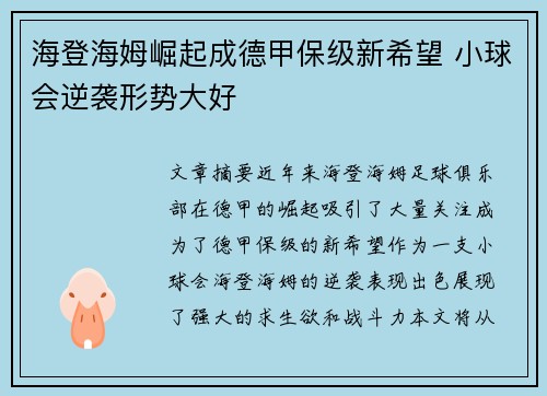 海登海姆崛起成德甲保级新希望 小球会逆袭形势大好