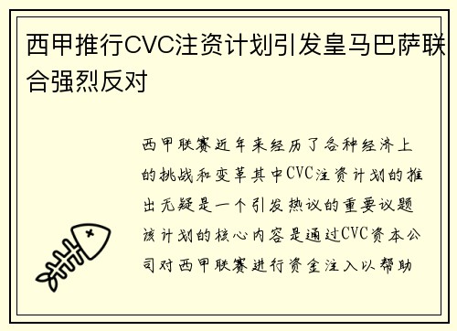 西甲推行CVC注资计划引发皇马巴萨联合强烈反对 西甲推行CVC注资计划引发皇马巴萨联合强烈反对