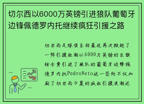 切尔西以6000万英镑引进狼队葡萄牙边锋佩德罗内托继续疯狂引援之路